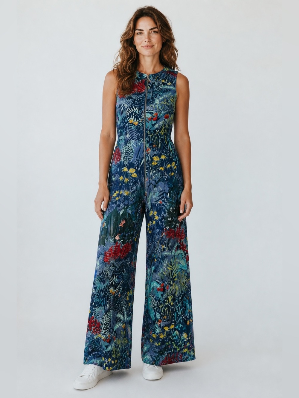 Label by Ritu Kumar Blue Floral Zip Up Flared Jumpsuit size M